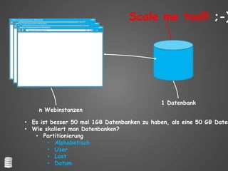 Meine Superawesome Webseite
       http://myapp.cloudapp.net
   Meine Superawesome Webseite
                                             Scale me too!!! ;-)
          http://myapp.cloudapp.net
      Meine Superawesome Webseite
              http://myapp.cloudapp.net




                                                        1 Datenbank
                            n Webinstanzen

           • Es ist besser 50 mal 1GB Datenbanken zu haben, als eine 50 GB Daten
           • Wie skaliert man Datenbanken?
              • Partitionierung
                   • Alphabetisch
                   • User
                   • Last
                   • Datum
 