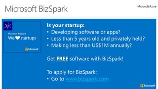 Hosting models
Microsoft BizSpark
Is your startup:
• Developing software or apps?
• Less than 5 years old and privately held?
• Making less than US$1M annually?
Get FREE software with BizSpark!
To apply for BizSpark:
• Go to www.bizspark.com
 