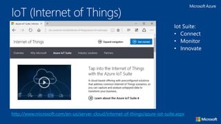IoT (Internet of Things)
http://www.microsoft.com/en-us/server-cloud/internet-of-things/azure-iot-suite.aspx
Iot Suite:
• Connect
• Monitor
• Innovate
 
