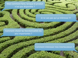 Mais	
  comment	
  faire,	
  lorsque	
  le	
  produit	
  
             n’est	
  pas	
  disponible	
  ?




                                                      Je	
  ne	
  sais	
  pas	
  qui	
  ça	
  intéresse	
  !!!




Comment	
  choisir	
  les	
  fonc%onnalités	
  les	
  
         plus	
  importantes	
  ?




                                              Comment	
  intéresser	
  mes	
  interlocuteurs	
  ?
 