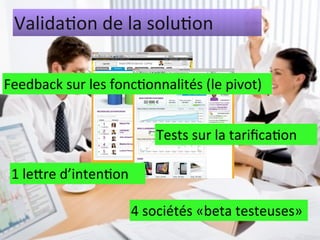 Valida%on	
  de	
  la	
  solu%on

Feedback	
  sur	
  les	
  fonc%onnalités	
  (le	
  pivot)


                                 Tests	
  sur	
  la	
  tariﬁca%on

 1	
  lecre	
  d’inten%on

                            4	
  sociétés	
  «beta	
  testeuses»
 