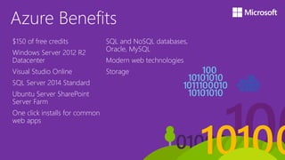 Azure Benefits
SQL and NoSQL databases,
Oracle, MySQL
Modern web technologies
Storage
$150 of free credits
Windows Server 2012 R2
Datacenter
Visual Studio Online
SQL Server 2014 Standard
Ubuntu Server SharePoint
Server Farm
One click installs for common
web apps
 