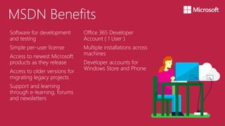 MSDN Benefits
Office 365 Developer
Account ( 1 User )
Multiple installations across
machines
Developer accounts for
Windows Store and Phone
Software for development
and testing
Simple per-user license
Access to newest Microsoft
products as they release
Access to older versions for
migrating legacy projects
Support and learning
through e-learning, forums
and newsletters
 