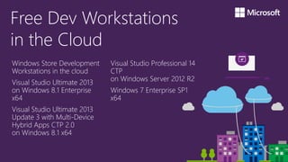Free Dev Workstations
in the Cloud
Windows Store Development
Workstations in the cloud
Visual Studio Ultimate 2013
on Windows 8.1 Enterprise
x64
Visual Studio Ultimate 2013
Update 3 with Multi-Device
Hybrid Apps CTP 2.0
on Windows 8.1 x64
Visual Studio Professional 14
CTP
on Windows Server 2012 R2
Windows 7 Enterprise SP1
x64
 