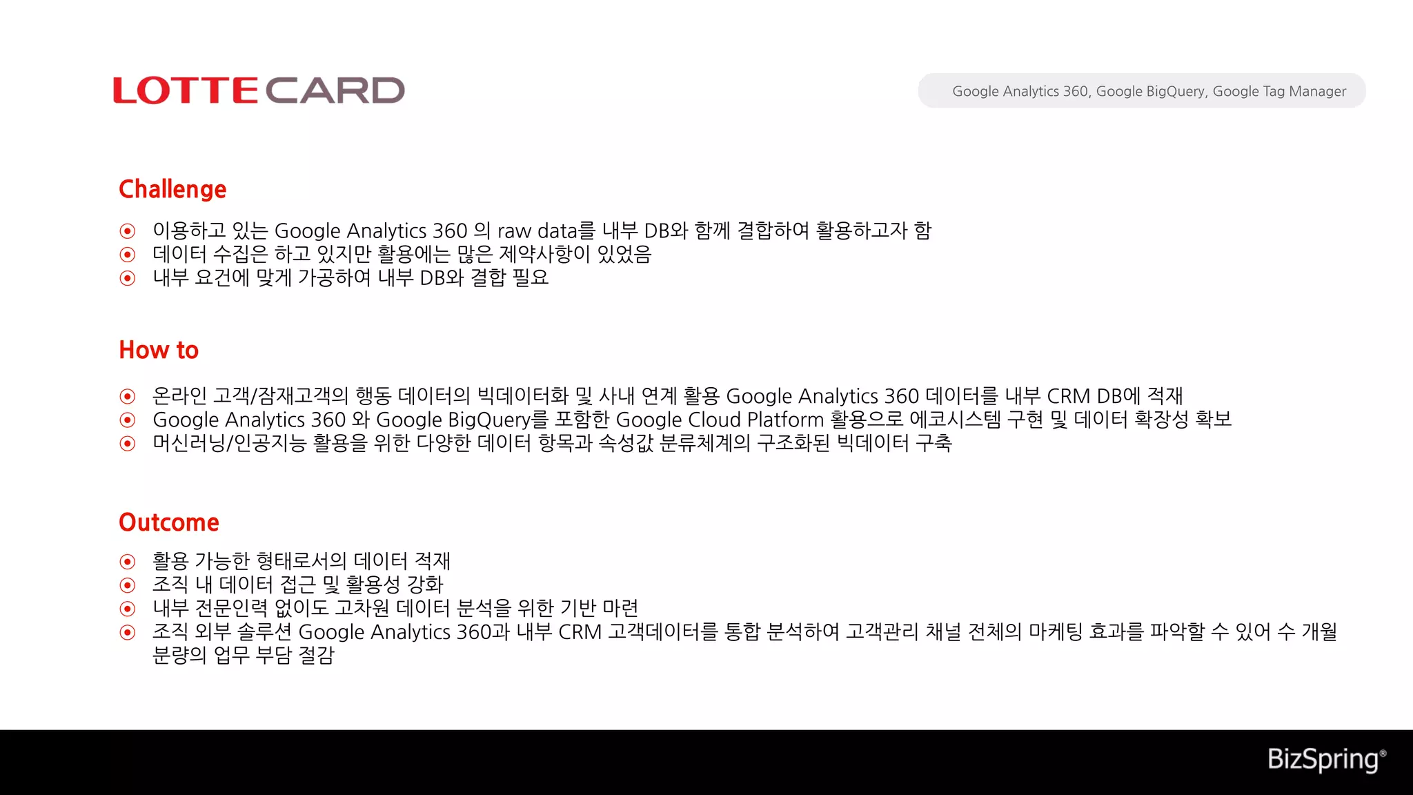Google Analytics 360, Google BigQuery, Google Tag Manager
이용하고 있는 Google Analytics 360 의 raw data를 내부 DB와 함께 결합하여 활용하고자 함
데이터 수집은 하고 있지만 활용에는 많은 제약사항이 있었음
내부 요건에 맞게 가공하여 내부 DB와 결합 필요
활용 가능한 형태로서의 데이터 적재
조직 내 데이터 접근 및 활용성 강화
내부 전문인력 없이도 고차원 데이터 분석을 위한 기반 마련
조직 외부 솔루션 Google Analytics 360과 내부 CRM 고객데이터를 통합 분석하여 고객관리 채널 전체의 마케팅 효과를 파악할 수 있어 수 개월
분량의 업무 부담 절감
온라인 고객/잠재고객의 행동 데이터의 빅데이터화 및 사내 연계 활용 Google Analytics 360 데이터를 내부 CRM DB에 적재
Google Analytics 360 와 Google BigQuery를 포함한 Google Cloud Platform 활용으로 에코시스템 구현 및 데이터 확장성 확보
머신러닝/인공지능 활용을 위한 다양한 데이터 항목과 속성값 분류체계의 구조화된 빅데이터 구축
Challenge
How to
Outcome
⊙
⊙
⊙
⊙
⊙
⊙
⊙
⊙
⊙
⊙
 