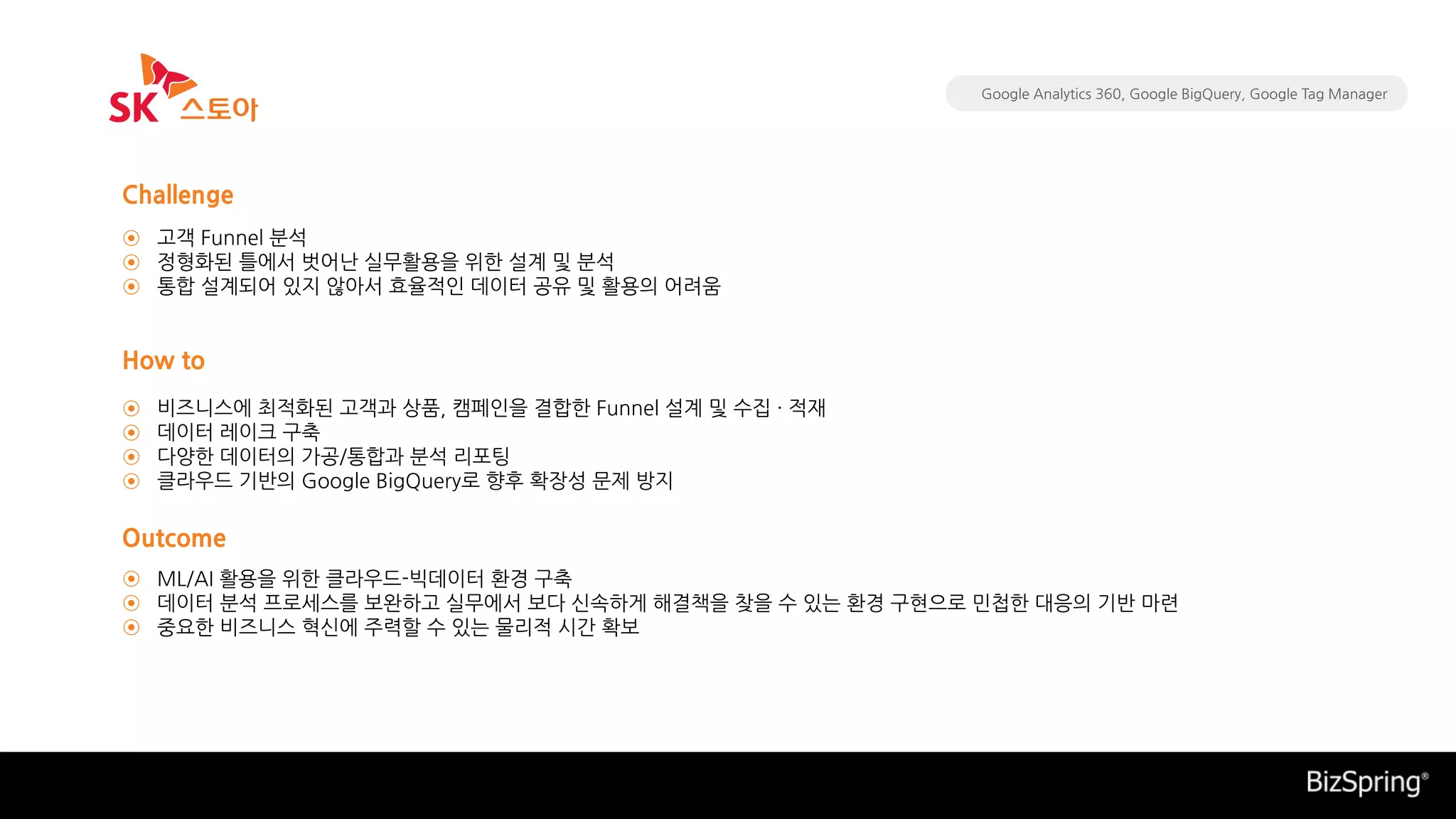 ML/AI 활용을 위한 클라우드-빅데이터 환경 구축
데이터 분석 프로세스를 보완하고 실무에서 보다 신속하게 해결책을 찾을 수 있는 환경 구현으로 민첩한 대응의 기반 마련
중요한 비즈니스 혁신에 주력할 수 있는 물리적 시간 확보
비즈니스에 최적화된 고객과 상품, 캠페인을 결합한 Funnel 설계 및 수집 · 적재
데이터 레이크 구축
다양한 데이터의 가공/통합과 분석 리포팅
클라우드 기반의 Google BigQuery로 향후 확장성 문제 방지
고객 Funnel 분석
정형화된 틀에서 벗어난 실무활용을 위한 설계 및 분석
통합 설계되어 있지 않아서 효율적인 데이터 공유 및 활용의 어려움
Challenge
How to
Outcome
⊙
⊙
⊙
⊙
⊙
⊙
⊙
⊙
⊙
⊙
Google Analytics 360, Google BigQuery, Google Tag Manager
 