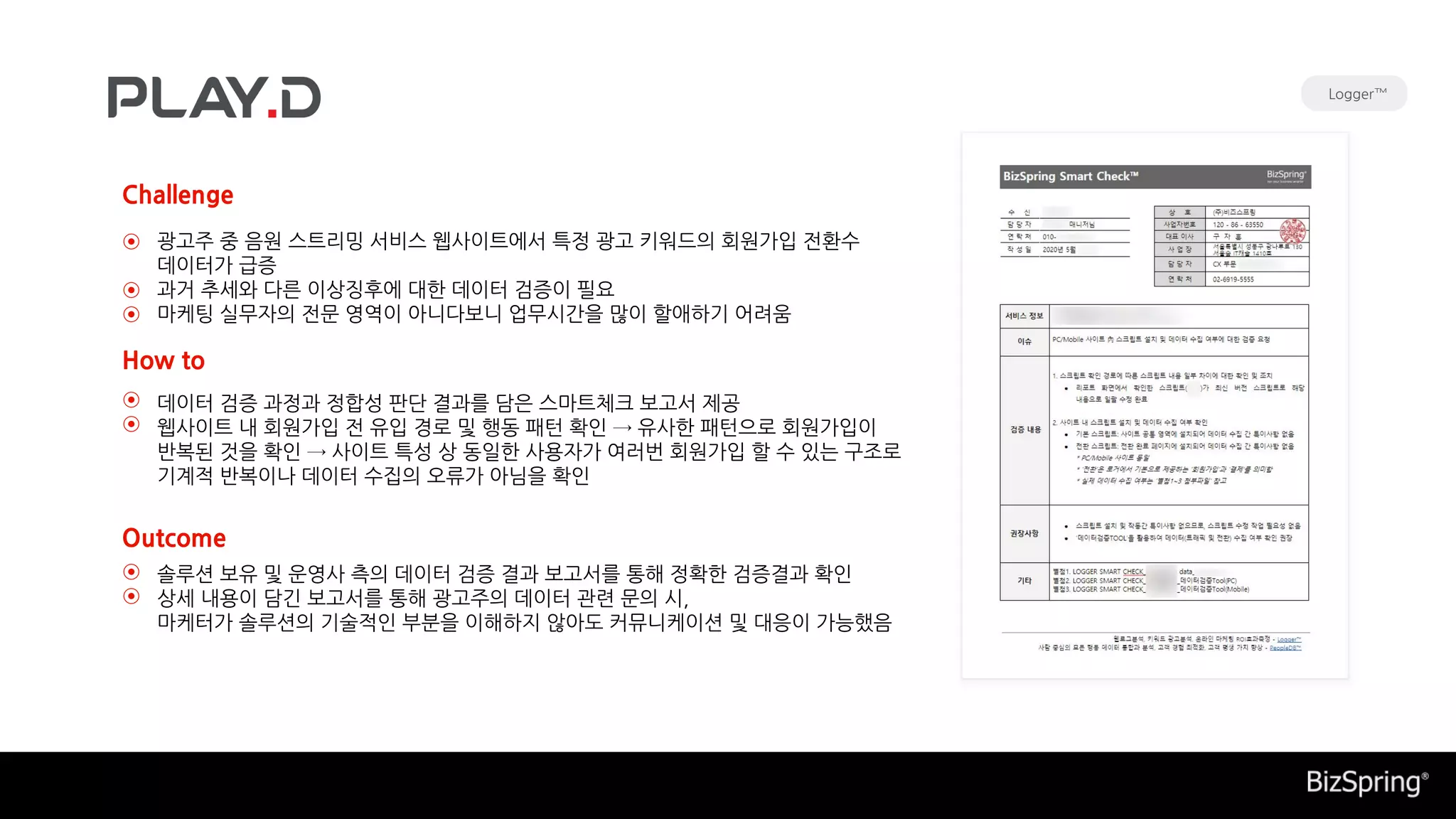 솔루션 보유 및 운영사 측의 데이터 검증 결과 보고서를 통해 정확한 검증결과 확인
상세 내용이 담긴 보고서를 통해 광고주의 데이터 관련 문의 시,
마케터가 솔루션의 기술적인 부분을 이해하지 않아도 커뮤니케이션 및 대응이 가능했음
데이터 검증 과정과 정합성 판단 결과를 담은 스마트체크 보고서 제공
웹사이트 내 회원가입 전 유입 경로 및 행동 패턴 확인 → 유사한 패턴으로 회원가입이
반복된 것을 확인 → 사이트 특성 상 동일한 사용자가 여러번 회원가입 할 수 있는 구조로
기계적 반복이나 데이터 수집의 오류가 아님을 확인
광고주 중 음원 스트리밍 서비스 웹사이트에서 특정 광고 키워드의 회원가입 전환수
데이터가 급증
과거 추세와 다른 이상징후에 대한 데이터 검증이 필요
마케팅 실무자의 전문 영역이 아니다보니 업무시간을 많이 할애하기 어려움
Challenge
How to
Outcome
⊙
⊙
⊙
⊙
⊙
⊙
⊙
Logger™
 