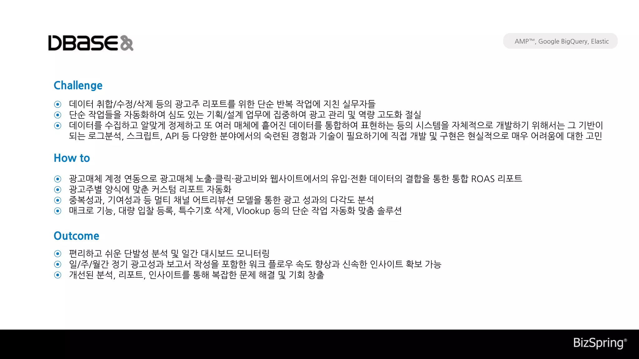 편리하고 쉬운 단발성 분석 및 일간 대시보드 모니터링
일/주/월간 정기 광고성과 보고서 작성을 포함한 워크 플로우 속도 향상과 신속한 인사이트 확보 가능
개선된 분석, 리포트, 인사이트를 통해 복잡한 문제 해결 및 기회 창출
데이터 취합/수정/삭제 등의 광고주 리포트를 위한 단순 반복 작업에 지친 실무자들
단순 작업들을 자동화하여 심도 있는 기획/설계 업무에 집중하여 광고 관리 및 역량 고도화 절실
데이터를 수집하고 알맞게 정제하고 또 여러 매체에 흩어진 데이터를 통합하여 표현하는 등의 시스템을 자체적으로 개발하기 위해서는 그 기반이
되는 로그분석, 스크립트, API 등 다양한 분야에서의 숙련된 경험과 기술이 필요하기에 직접 개발 및 구현은 현실적으로 매우 어려움에 대한 고민
광고매체 계정 연동으로 광고매체 노출·클릭·광고비와 웹사이트에서의 유입·전환 데이터의 결합을 통한 통합 ROAS 리포트
광고주별 양식에 맞춘 커스텀 리포트 자동화
중복성과, 기여성과 등 멀티 채널 어트리뷰션 모델을 통한 광고 성과의 다각도 분석
매크로 기능, 대량 입찰 등록, 특수기호 삭제, Vlookup 등의 단순 작업 자동화 맞춤 솔루션
Challenge
How to
Outcome
⊙
⊙
⊙
⊙
⊙
⊙
⊙
⊙
⊙
⊙
AMP™, Google BigQuery, Elastic
 