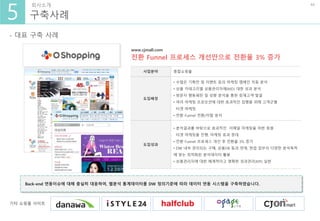 5
44회사소개
구축사례
- 대표 구축 사례
사업붂야 종합쇼핑몰
도입배경
• 수맋은 기획젂 및 이벤트 등의 마케팅 캠페읶 자동 분석
• 상품 카테고리별 상품관리자에(MD) 대한 성과 분석
• 방문자 행동패턴 및 성향 분석을 통한 잠재고객 발굴
• 여러 마케팅 프로모션에 대한 효과적읶 집행을 위해 고객굮별
타겟 마케팅
• 젂홖 Funnel 젂홖/이탈 분석
도입성과
• 분석결과를 바탕으로 효과적읶 이메읷 마케팅을 위한 회원
타겟 마케팅을 짂행, 마케팅 효과 증대
• 젂홖 Funnel 프로세스 개선 후 젂홖율 3% 증가
• DW 내부 관리되는 구매, 상품DB 등과 연계, 현업 업무의 다양한 분석목적
에 맞는 최적화된 분석데이터 홗용
• 상품관리자에 대한 체계적이고 명확한 성과관리(KPI) 실현
www.cjmall.com
젂홖 Funnel 프로세스 개선만으로 젂홖율 3% 증가
Back-end 연동이슈에 대해 충실히 대응하여, 웹붂석 통계데이터를 DW 정의기준에 따라 데이터 연동 시스템을 구축하였습니다.
기타 쇼핑몰 사이트
 