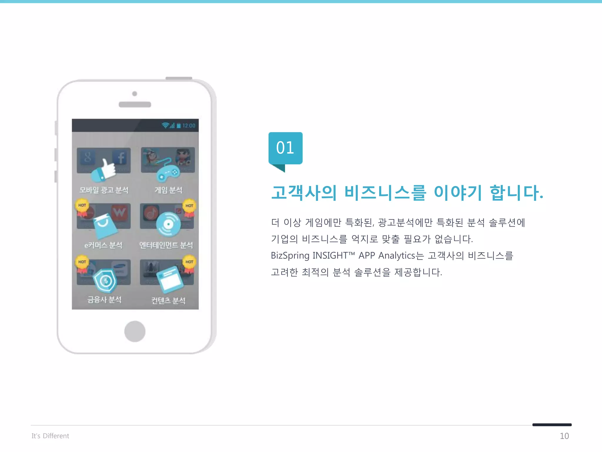 고객사의 비즈니스를 이야기 합니다.
더 이상 게임에만 특화된, 광고분석에만 특화된 분석 솔루션에
기업의 비즈니스를 억지로 맞출 필요가 없습니다.
BizSpring INSIGHT™ APP Analytics는 고객사의 비즈니스를
고려한 최적의 분석 솔루션을 제공합니다.
10
01
It’s Different
 