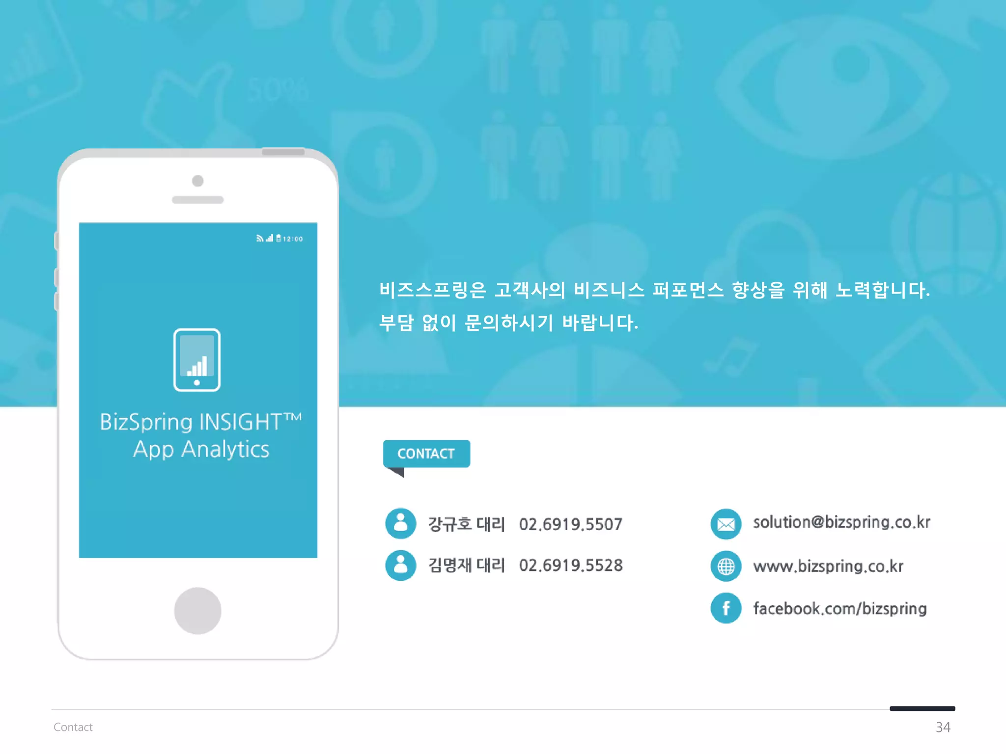 비즈스프링은 고객사의 비즈니스 퍼포먼스 향상을 위해 노력합니다.
부담 없이 문의하시기 바랍니다.
34Contact
이경구 과장 02.6919.5539
강규호 대리 02.6919.5507
 