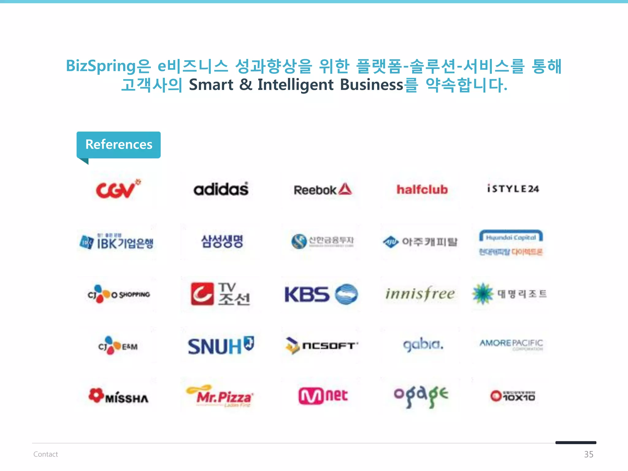 BizSpring은 e비즈니스 성과향상을 위핚 플랫폼-솔루션-서비스를 통해
고객사의 Smart & Intelligent Business를 약속합니다.
References
35Contact
 