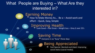 Earning Money
Improving Health
How To Make Money As… Be a – Avoid work and
effort – Quick, Easy, Simple
Look Good – Feel G...