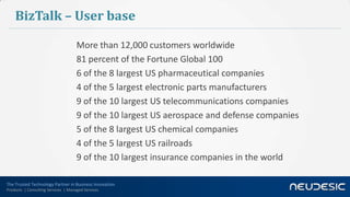 The Trusted Technology Partner in Business Innovation
Products | Consulting Services | Managed Services
BizTalk – User base
More than 12,000 customers worldwide
81 percent of the Fortune Global 100
6 of the 8 largest US pharmaceutical companies
4 of the 5 largest electronic parts manufacturers
9 of the 10 largest US telecommunications companies
9 of the 10 largest US aerospace and defense companies
5 of the 8 largest US chemical companies
4 of the 5 largest US railroads
9 of the 10 largest insurance companies in the world
 