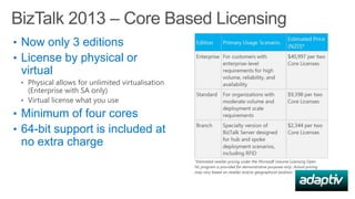 BizTalk 2013 – Core Based Licensing
• Now only 3 editions
• License by physical or

virtual
• Physical allows for unlimited virtualisation

(Enterprise with SA only)
• Virtual license what you use

• Minimum of four cores
• 64-bit support is included at

no extra charge

 