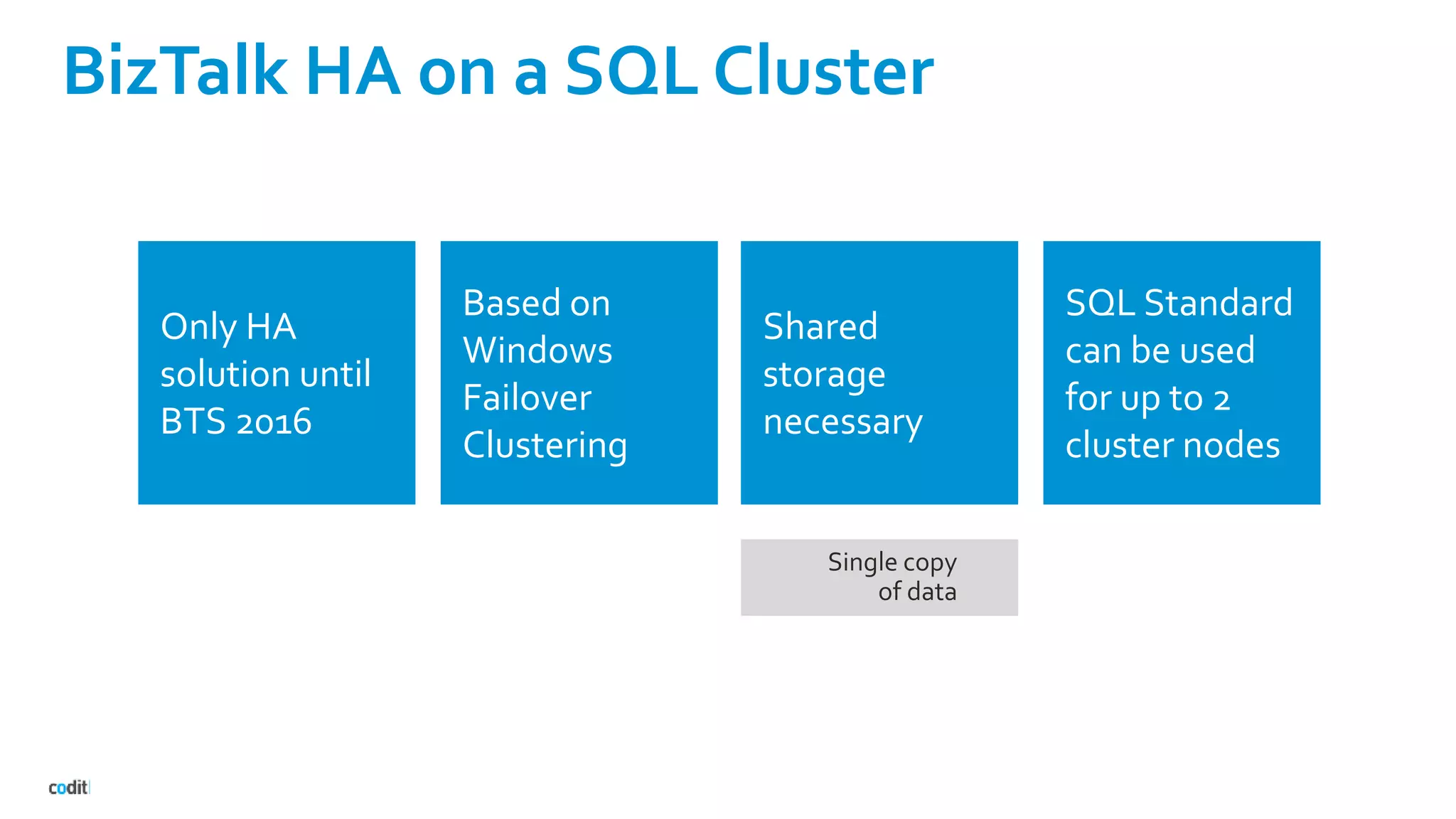 BizTalk HA on a SQL Cluster
Based on
Windows
Failover
Clustering
SQL Standard
can be used
for up to 2
cluster nodes
Only HA
solution until
BTS 2016
Shared
storage
necessary
Single copy
of data
 