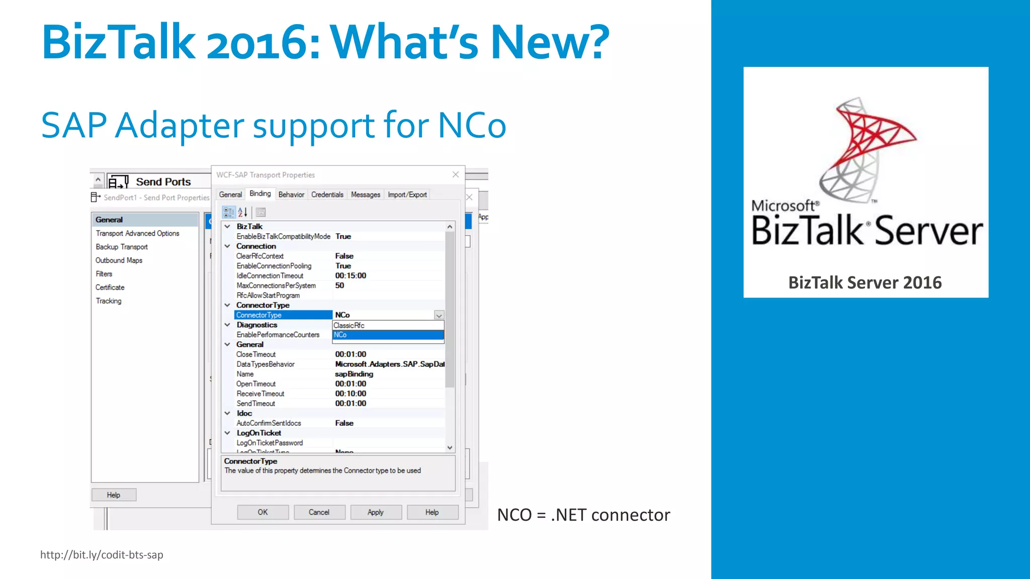 BizTalk Server 2016
SAP Adapter support for NCo
NCO = .NET connector
BizTalk 2016:What’s New?
http://bit.ly/codit-bts-sap
 