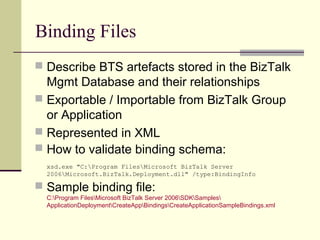 Binding Files
 Describe BTS artefacts stored in the BizTalk
  Mgmt Database and their relationships
 Exportable / Importable from BizTalk Group
  or Application
 Represented in XML
 How to validate binding schema:
  xsd.exe "C:Program FilesMicrosoft BizTalk Server
  2006Microsoft.BizTalk.Deployment.dll" /type:BindingInfo

 Sample binding file:
  C:Program FilesMicrosoft BizTalk Server 2006SDKSamples
  ApplicationDeploymentCreateAppBindingsCreateApplicationSampleBindings.xml
 