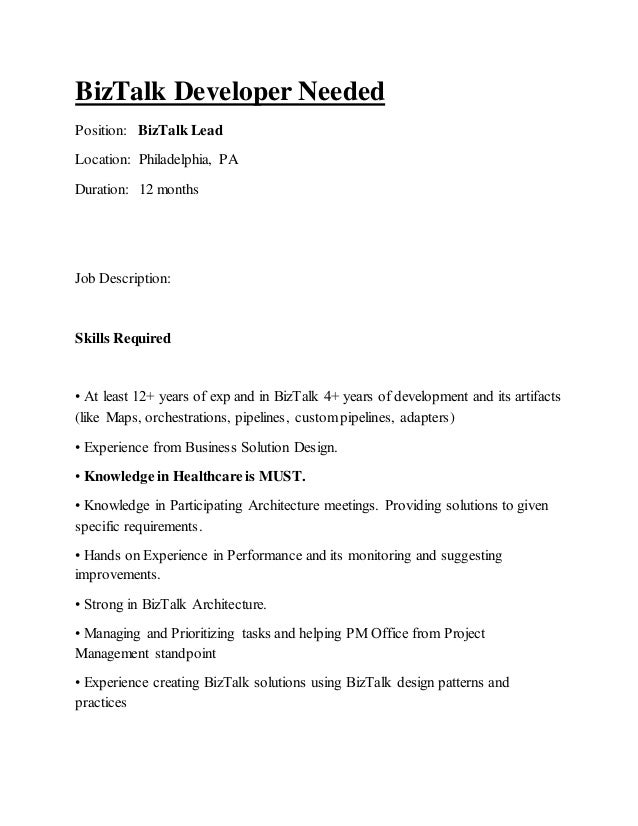 Biz talk Lead developer position (open on march 2016) Biz talk Lead developer position (open on march 2016)