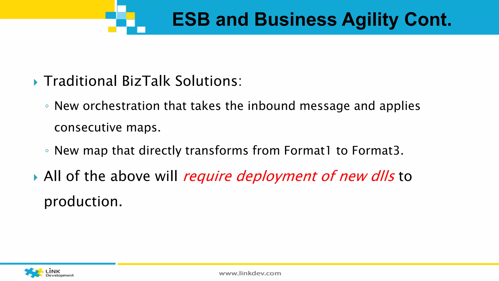 ESB and Business Agility Cont. 
 Traditional BizTalk Solutions: 
◦ New orchestration that takes the inbound message and applies 
consecutive maps. 
◦ New map that directly transforms from Format1 to Format3. 
 All of the above will require deployment of new dlls to 
production. 
 