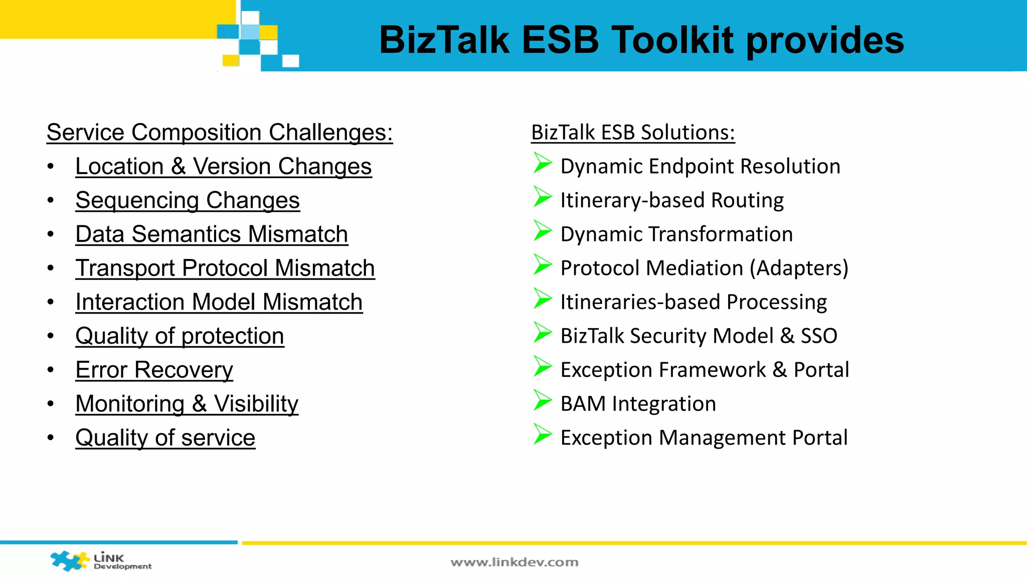 BizTalk ESB Toolkit provides 
Service Composition Challenges: 
• Location & Version Changes 
• Sequencing Changes 
• Data Semantics Mismatch 
• Transport Protocol Mismatch 
• Interaction Model Mismatch 
• Quality of protection 
• Error Recovery 
• Monitoring & Visibility 
• Quality of service 
BizTalk ESB Solutions: 
 Dynamic Endpoint Resolution 
 Itinerary-based Routing 
 Dynamic Transformation 
 Protocol Mediation (Adapters) 
 Itineraries-based Processing 
 BizTalk Security Model & SSO 
 Exception Framework & Portal 
 BAM Integration 
 Exception Management Portal 
 