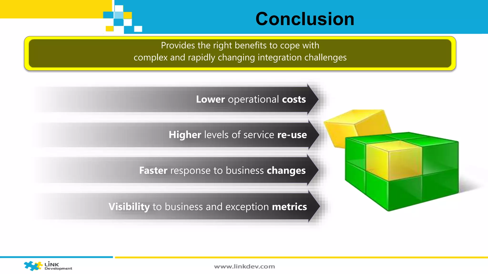 Conclusion 
Provides the right benefits to cope with 
complex and rapidly changing integration challenges 
Lower operational costs 
Higher levels of service re-use 
Faster response to business changes 
Visibility to business and exception metrics 
 