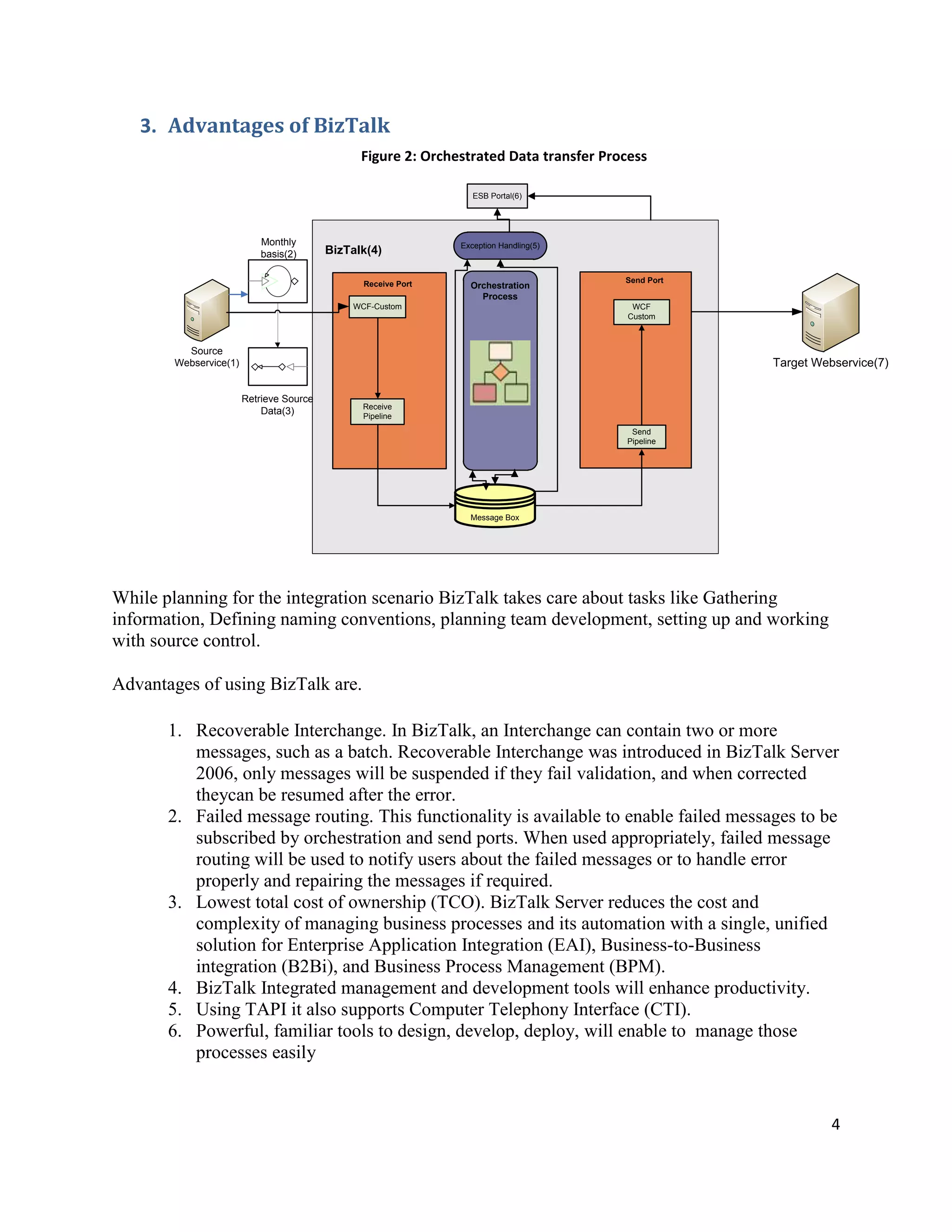 3. Advantages of BizTalk
Figure 2: Orchestrated Data transfer Process
ESB Portal(6)

Monthly
basis(2)

BizTalk(4)
Receive Port

Exception Handling(5)

Orchestration
Process

WCF-Custom

Source
Webservice(1)

Send Port
WCF
Custom

Target Webservice(7)

e

Retrieve Source
Data(3)

Receive
Pipeline
Send
Pipeline

Message Box

While planning for the integration scenario BizTalk takes care about tasks like Gathering
information, Defining naming conventions, planning team development, setting up and working
with source control.
Advantages of using BizTalk are.
1. Recoverable Interchange. In BizTalk, an Interchange can contain two or more
messages, such as a batch. Recoverable Interchange was introduced in BizTalk Server
2006, only messages will be suspended if they fail validation, and when corrected
theycan be resumed after the error.
2. Failed message routing. This functionality is available to enable failed messages to be
subscribed by orchestration and send ports. When used appropriately, failed message
routing will be used to notify users about the failed messages or to handle error
properly and repairing the messages if required.
3. Lowest total cost of ownership (TCO). BizTalk Server reduces the cost and
complexity of managing business processes and its automation with a single, unified
solution for Enterprise Application Integration (EAI), Business-to-Business
integration (B2Bi), and Business Process Management (BPM).
4. BizTalk Integrated management and development tools will enhance productivity.
5. Using TAPI it also supports Computer Telephony Interface (CTI).
6. Powerful, familiar tools to design, develop, deploy, will enable to manage those
processes easily

4

 