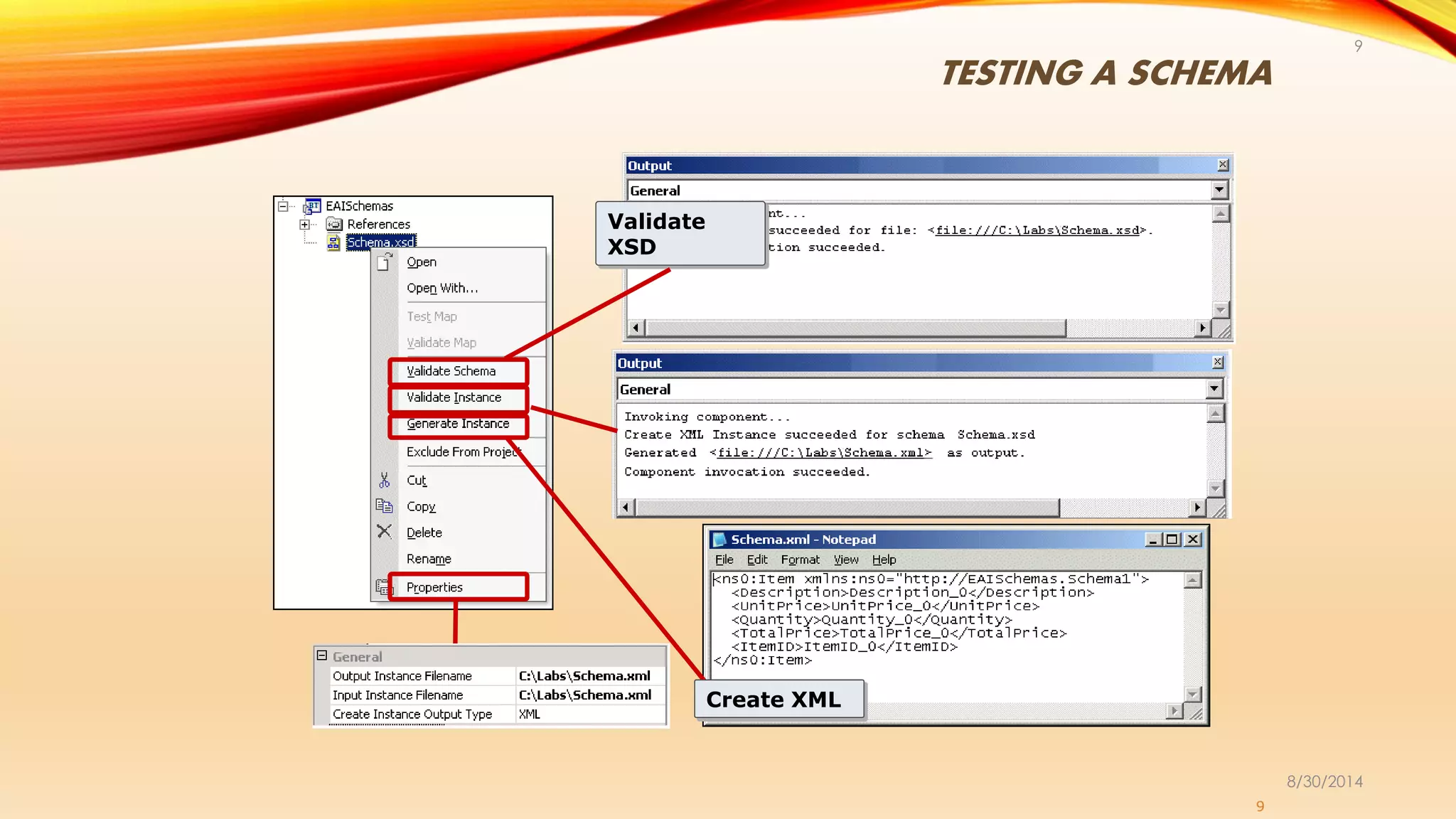 TESTING A SCHEMA
8/30/2014
9
9
Validate
XSD
Create XMLCreate XML
 