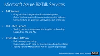 Independent Experts – Real World Answers
• EAI Service
 Drag and drop integration solution development
 Out of the box support for common integration patterns
 Connectivity to on-premises LOB systems out of the box
• EDI - B2B Service
 Trading partner management and supplier on-boarding
 Support for X12 and AS2
• Extensible Platform
 Rich message processing
 Customization with code for transforms and pipeline stages
 Trading Partner Management API for custom experiences
 