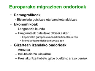 Europarako migrazioen ondorioak Demografikoak - Biztanleria gutxitzea eta banaketa aldatzea Ekonomikoak Langabezia leundu Emigranteek bidalitako dibisei esker: Espainiako garapen ekonomikoa finantzatu zen Merkataritzako defizita murriztu zen Gizartean izandako ondorioak Arroztea Bizi-baldintza kaskarrak Prestakuntza hobetu gabe bueltatu: arazo berriak 