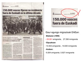 Gaur egungo migrazioak EAEan : Bizkaian (1999) 29.061  emigrante,  27.356 inmigrante Gipuzkoan 14.503 emigrante , 14.630 inmigrante Araban: 5.504 emigrante, 5.927 inmigrante 