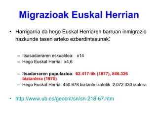 Migrazioak Euskal Herrian Harrigarria da hego Euskal Herriaren barruan inmigrazio hazkunde tasen arteko ezberdintasunak : Itsasadarraren eskualdea:  x14 Hego Euskal Herria:  x4,6 Itsadarraren populazioa :  62.417-tik (1877), 846.326 biztanlera (1975) Hego Euskal Herria: 450.678 biztanle izatetik  2.072.430 izatera http://www.ub.es/geocrit/sn/sn-218-67.htm 