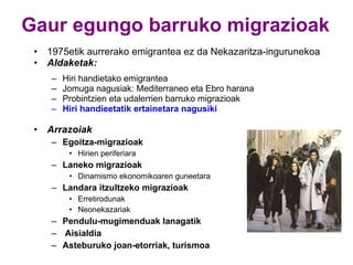 Gaur egungo barruko migrazioak 1975etik aurrerako emigrantea ez da Nekazaritza-ingurunekoa Aldaketak: Hiri handietako emigrantea Jomuga nagusiak: Mediterraneo eta Ebro harana Probintzien eta udalerrien barruko migrazioak Hiri handieetatik ertainetara nagusiki Arrazoiak Egoitza-migrazioak Hirien periferiara  Laneko migrazioak Dinamismo ekonomikoaren guneetara Landara itzultzeko migrazioak Erretirodunak Neonekazariak Pendulu-mugimenduak lanagatik Aisialdia Asteburuko joan-etorriak, turismoa  