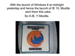 With the launch of Windows 8 at midnight
yesterday and hence the launch of IE 10, Mozilla
              sent them this cake.
             So X-IE, Y-Mozilla.
 