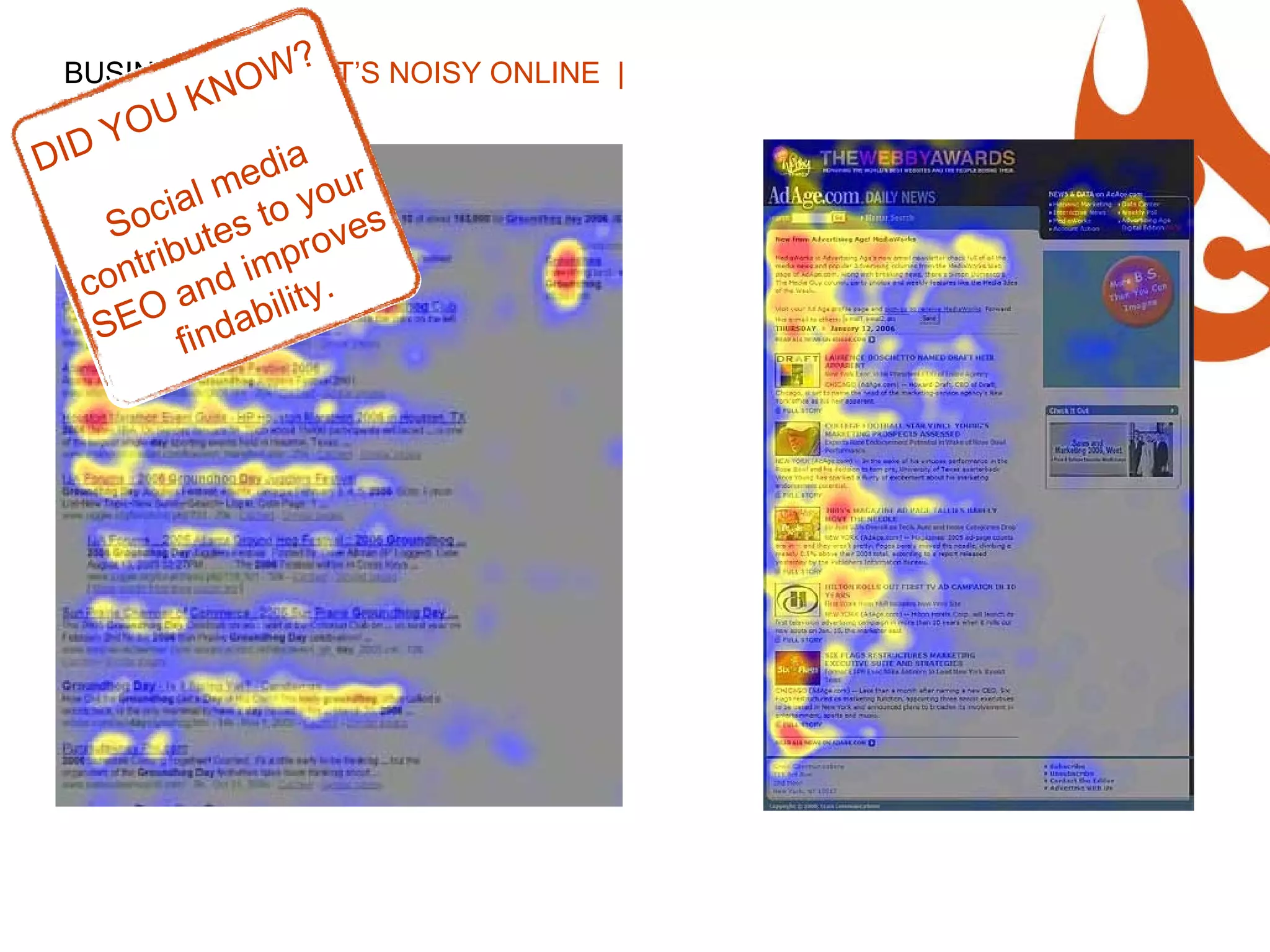 BUSINESS CASE |  IT’S NOISY ONLINE  | DID YOU KNOW? Social media contributes to your SEO and improves findability. 