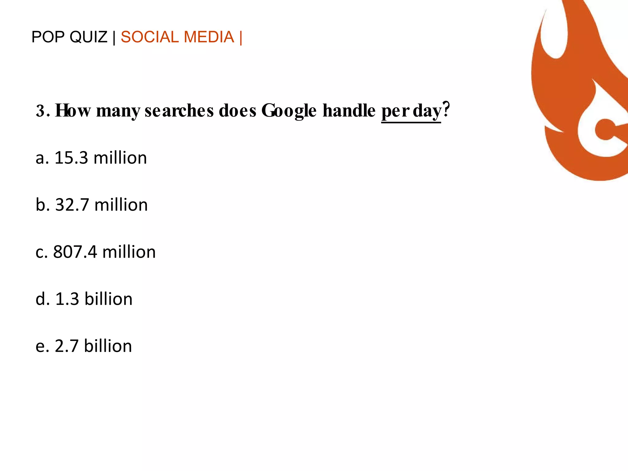 POP QUIZ |  SOCIAL MEDIA | 3. How many searches does Google handle  per day ? a. 15.3 million b. 32.7 million c.  807.4 million d. 1.3 billion e. 2.7 billion 