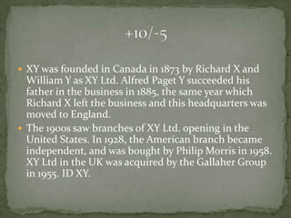  XY was founded in Canada in 1873 by Richard X and
  William Y as XY Ltd. Alfred Paget Y succeeded his
  father in the business in 1885, the same year which
  Richard X left the business and this headquarters was
  moved to England.
 The 1900s saw branches of XY Ltd. opening in the
  United States. In 1928, the American branch became
  independent, and was bought by Philip Morris in 1958.
  XY Ltd in the UK was acquired by the Gallaher Group
  in 1955. ID XY.
 