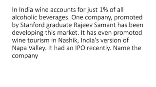 In India wine accounts for just 1% of all
alcoholic beverages. One company, promoted
by Stanford graduate Rajeev Samant has been
developing this market. It has even promoted
wine tourism in Nashik, India’s version of
Napa Valley. It had an IPO recently. Name the
company
 
