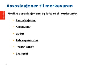 Utvikle assosiasjonene og l?ftene til merkevaren
? Assosiasjoner
? Attributter
? Goder
? Selskapsverdier
? Personlighet
? Brukere!
Assosiasjoner til merkevaren
19
 