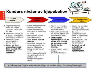 ? Selger ser kj?pers
behov for selgers
tjenester, kj?per gj?r
det ikke.
? Kj?per er uvitende om
at selgers produkt kan
l?se kj?pers problemer.
? Kj?per fortrenger
ubehag og at en
l?sning finnes
? Selger m? ikke
snakke l?sning p?
dette stadiet! Det
blir i s? fall
pushsalg!
1. Latent
behov
2. Bevisst
behov
3. Kj?pevisjon
? Kj?per kjenner behovet,
ser ingen l?sning.
? S?ker aktivt l?sning,
hvis han tror en l?sning
er mulig.
? Motivert til ? handle,
ingen kj?pevisjon.
? Vent med ? snakke
l?sning
? Bearbeide behovet, slik
at det skapes h?p om
l?sning. F? kj?pers
behov til ? bli top of
mind,
? Knytte kj?pers behov til
et aspekt ved selgers
produkt som
tilfredsstiller kj?pers
behov.
? Kj?per har en visjon
for hvordan han skal
dekke sitt behov.
? Kan beskrive behovet,
tar ansvar, og han kan
se at det kan l?ses.
? Vokt deg for
kj?pevisjon skapt av
andre. I s? fall m?
du omgj?re den til
fordel for din
l?sning.
? Knytte kj?pers visjon
til egne
produkter/tjenester.
Kunders niv?er av kj?pebehov
Vi m? forst? og flytte kunden flere steg i sin kj?peprosess, f?r vi tilbyr l?sninger.
4. Avkastnings-
visjon
? Kj?per har en visjon
om at den gitte
l?sningen er l?nnsom.
? En sterk
avkastningsvisjon
betyr at kunden har
sterk tro p?
l?nnsomheten C og
derved blir mer
handlekraftig!
? En sterk tro p?
avkastning
reduserer
kj?peangsten.
 