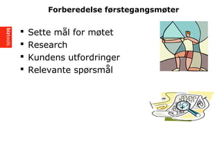? Sette m?l for m?tet
? Research
? Kundens utfordringer
? Relevante sp?rsm?l
Forberedelse f?rstegangsm?ter
 