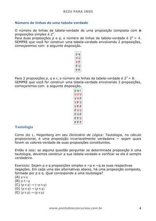 BIZU PARA INSS
www.pontodosconcursos.com.br 4
Número de linhas de uma tabela-verdade
O número de linhas da tabela-verdade de uma proposição composta com n
proposições simples é 2n
.
Para duas proposições p e q, o número de linhas da tabela-verdade é 22
= 4.
SEMPRE que você for construir uma tabela-verdade envolvendo 2 proposições,
começaremos com a seguinte disposição.
p q
V V
V F
F V
F F
Para 3 proposições p, q e r, o número de linhas da tabela-verdade é 23
= 8.
SEMPRE que você for construir uma tabela-verdade envolvendo 3 proposições,
começaremos com a seguinte disposição.
p q r
V V V
V V F
V F V
V F F
F V V
F V F
F F V
F F F
Tautologia
Como diz L. Hegenberg em seu Dicionário de Lógica: Tautologia, no cálculo
proposicional, é uma proposição invariavelmente verdadeira — sejam quais
forem os valores-verdade de suas proposições constituintes.
Então é isso: se alguma questão perguntar se determinada proposição é uma
tautologia, devemos construir a sua tabela-verdade e verificar se ela é sempre
verdadeira.
Exercício: Sejam p e q proposições simples e ~p e ~q as suas respectivas
negações. Em cada uma das alternativas abaixo, há uma proposição composta,
formada por p e q. Qual corresponde a uma tautologia?
(A) ‫݌‬ ‫ש‬ ‫ݍ‬
(B) ‫݌‬ ‫ר‬ ~‫ݍ‬
(C) ሺ‫݌‬ ‫ש‬ ‫ݍ‬ሻ ՜ ሺ~‫݌‬ ‫ר‬ ‫ݍ‬ሻ
(D) ሺ‫݌‬ ‫ש‬ ‫ݍ‬ሻ ՜ ሺ‫݌‬ ‫ר‬ ‫ݍ‬ሻ
(E) ሺ‫݌‬ ‫ר‬ ‫ݍ‬ሻ ՜ ሺ‫݌‬ ‫ש‬ ‫ݍ‬ሻ
 