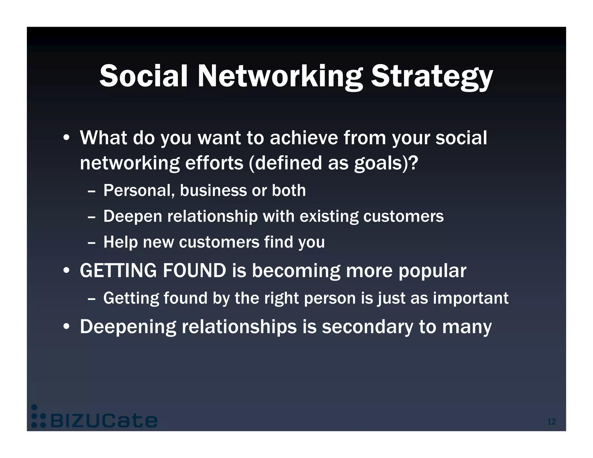 Social Networking Strategy
• What do you want to achieve from your social
  networking efforts (defined as goals)?
  – Personal, business or both
  – Deepen relationship with existing customers
  – Help new customers find you
• GETTING FOUND is becoming more popular
  – Getting found by the right person is just as important
• Deepening relationships is secondary to many



                                                             12
 