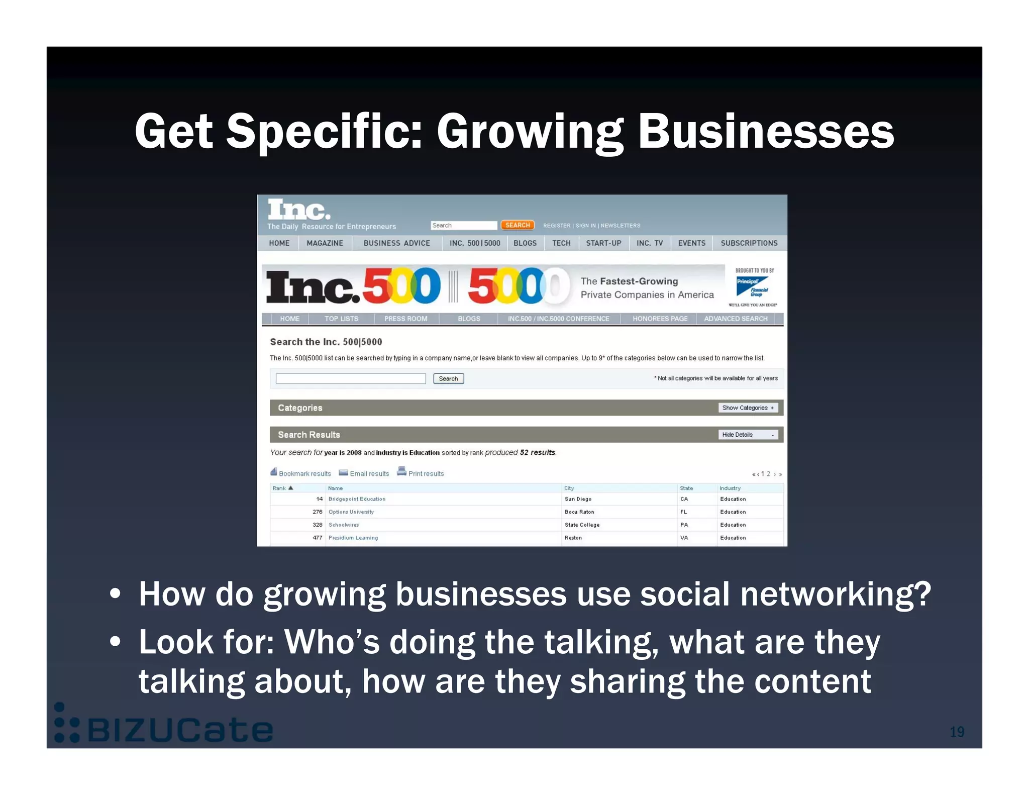 Get Specific: Growing Businesses




• How do growing businesses use social networking?
• Look for: Who’s doing the talking, what are they
  talking about, how are they sharing the content
                                                     19
 