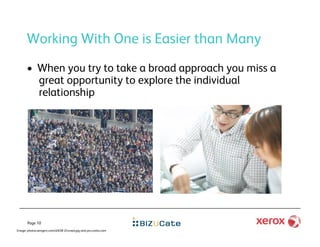 Working With One is Easier than Many
      •  When you try to take a broad approach you miss a
         great opportunity to explore the individual
         relationship




       Page 10
Image: photos.wingerz.com/d/658-2/crowd.jpg and pro.corbis.com
 