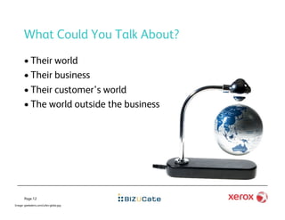 What Could You Talk About?
       •  Their world
       •  Their business
       •  Their customer’s world
       •  The world outside the business




       Page 12
Image: geekalerts.com/u/lev-globe.jpg
 