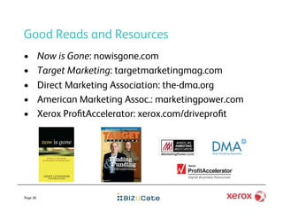 Good Reads and Resources
•         Now is Gone: nowisgone.com
•         Target Marketing: targetmarketingmag.com
•         Direct Marketing Association: the-dma.org
•         American Marketing Assoc.: marketingpower.com
•         Xerox ProﬁtAccelerator: xerox.com/driveproﬁt




Page 26
 