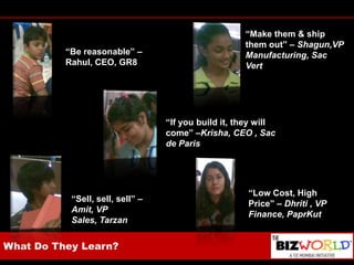 “Make them & ship them out” – Shagun,VP Manufacturing, Sac Vert“Be reasonable” – Rahul, CEO, GR8“If you build it, they will come” –Krisha, CEO , Sac de Paris“Low Cost, High Price” – Dhriti , VP Finance, PaprKut“Sell, sell, sell” – Amit, VP Sales, TarzanWhat Do They Learn?