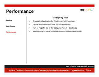 Performance
                                                        Assigning Jobs
Review
                          •   Discuss the Application for Employment with your team
                          •   Decide h
                              D id who will t k on each j b i th company
                                        ill take      h job in the
New Topics
                          •   Turn to Page C1-C2 of the Company Packet – Job Cards

Performance               •   Neatly print your name on the top line and cut out the name tag




                                                                     Ben Franklin Intermediate School
                                                                                                18
 • Critical Thinking • Communication • Teamwork • Leadership • Innovation • Professionalism • Ethics
 