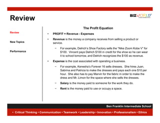 Review
                                                     The Profit Equation
Review
                          •   PROFIT = Revenue - Expenses
                          •   Revenue i th money a company receives f
                              R        is the                  i    from selling a product or
                                                                           lli        d t
New Topics                    service.
                               −   For example, Delrich’s Shoe Factory sells the “Nike Zoom Kobe V” for
Performance                        $100. Vincent pays Delrich $100 in credit for the shoe so he can wear
                                   it to school tomorrow, and Delrich recognizes the $100 as revenue.
                          •   Expense is the cost associated with operating a business.
                               −   For example, Kenesha’s Forever 16 sells dresses. She hires Juan,
                                   Sabrina and Patricia to make the dresses and pays each one $10 per
                                   S
                                   hour. She also has to pay Marvin for the fabric in order to make the
                                   dress and Mr. Limon for the space where she sells the dresses.
                               −   Salary is the money paid to someone for the work they do.
                               −   Rent is the money paid to use or occupy a space.




                                                                     Ben Franklin Intermediate School
                                                                                                 3
 • Critical Thinking • Communication • Teamwork • Leadership • Innovation • Professionalism • Ethics
 